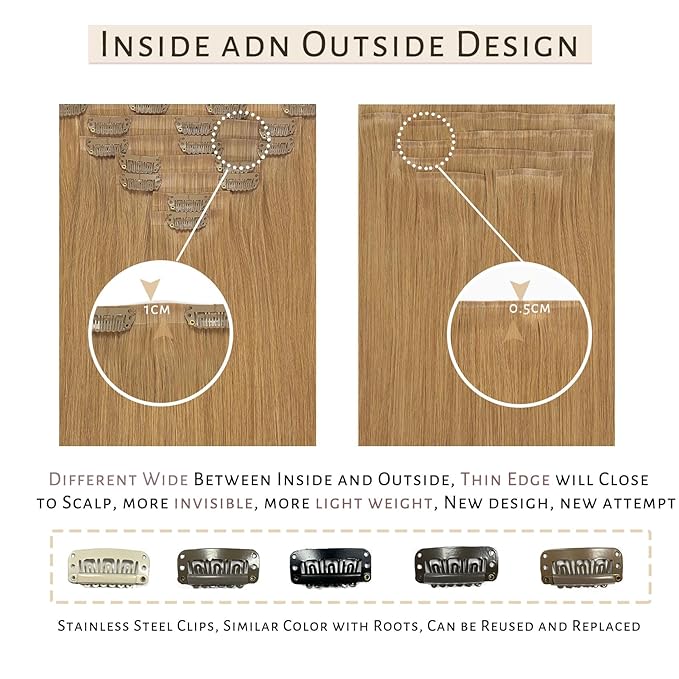 Caliee Seamless Clip in Human Hair Extensions 14Inch Color Caramel Blonde Ultra Thin PU Weft Remy Real Hair Straight Clip in Hair Extensions Silky Straight 110G