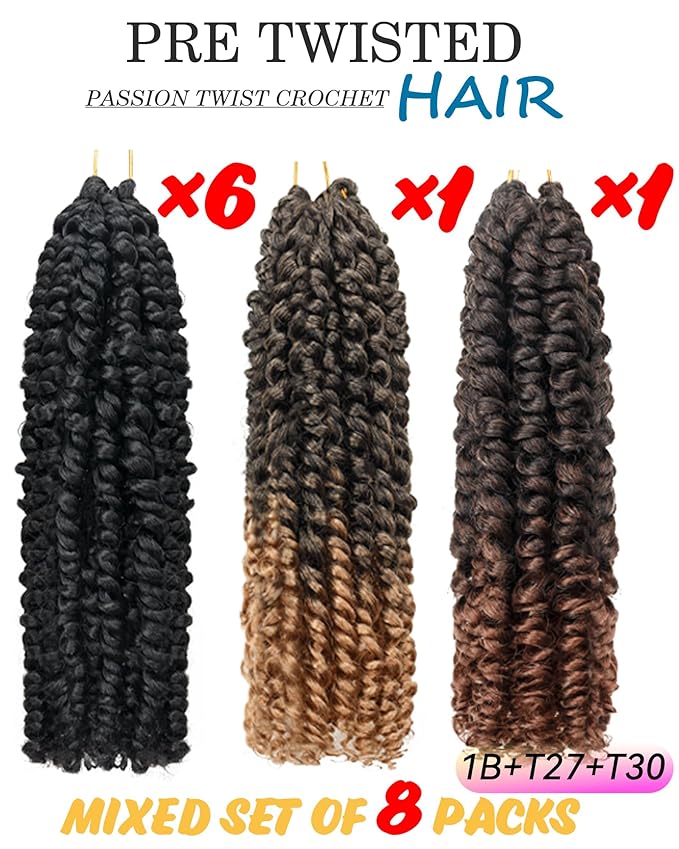 Pre-Twisted Passion Twist Crochet Hair for Black Women 10 Inch 8 Packs Passion Twist Hair Pre Looped Bohemian Braids Short Bob Curly Crochet Braiding Hair Extensions Mix Color Combo Pack 1B+T27+T30