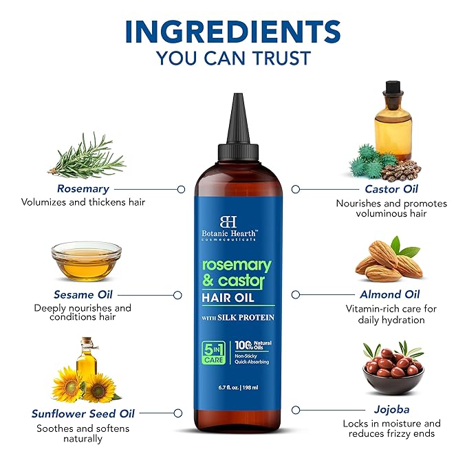 Botanic Hearth Hair Oil for Hair Growth & Home Hair Perm Kit | Strengthening Dry, Frizzy, Damaged Hair & Scalp Treatment | Rosemary Castor Hair Oil – 6.7 Fl Oz