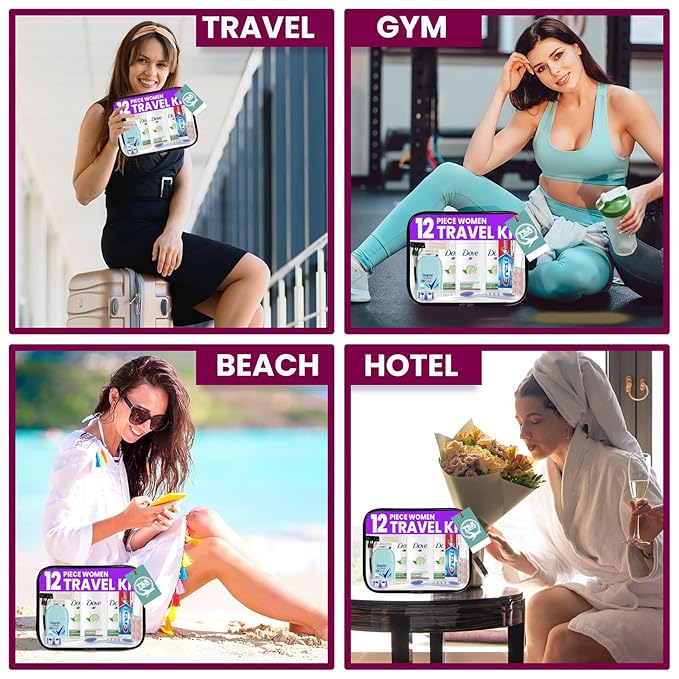 Trektote Travel Toiletry Kit For Women – 12 Piece Set Of Travel Size Toiletries, TSA Compliant, Travel Essentials, Includes Shampoo And Conditioner, Body Wash, Toiletry Bag & More