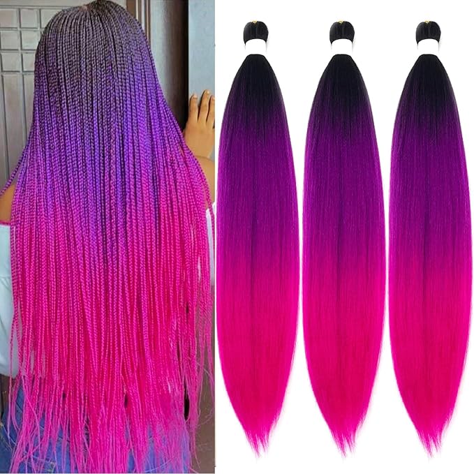 Pre Stretched Braiding Hair Black Purple Pink Ombre Braiding Hair Pre Stretched Prestretched 24 inch 3 pack Kids Micro Synthetic Colored Hair Extensions for Braids Crochet Hair