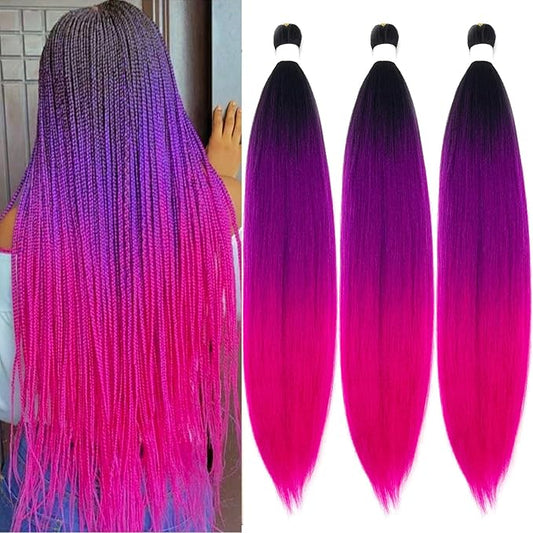 Pre Stretched Braiding Hair Black Purple Pink Ombre Braiding Hair Pre Stretched Prestretched 24 inch 3 pack Kids Micro Synthetic Colored Hair Extensions for Braids Crochet Hair