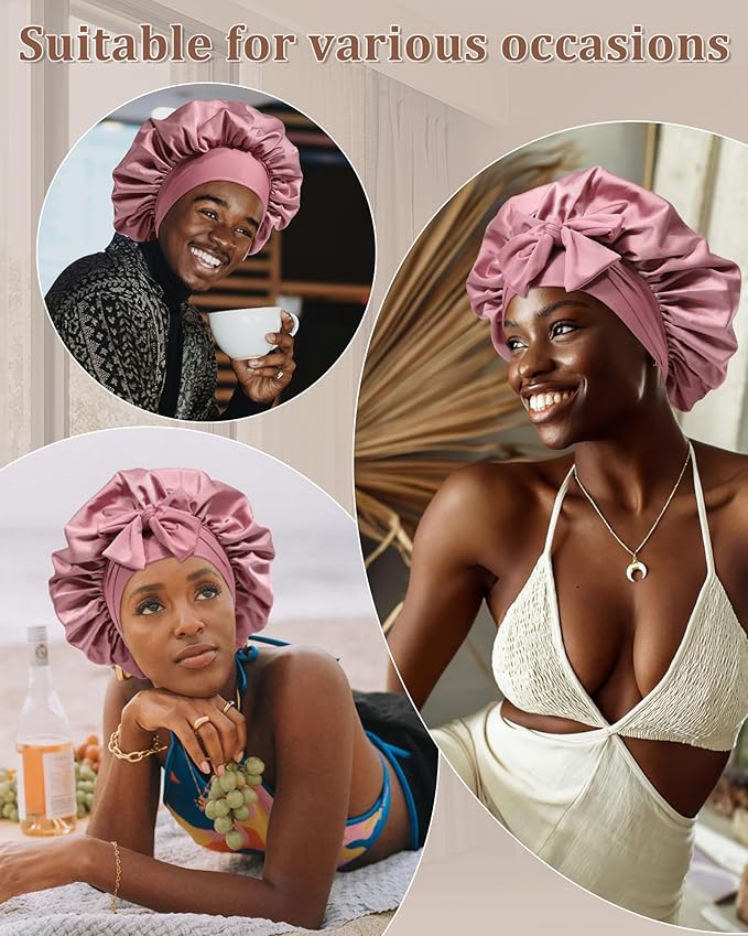 Reversible Satin Bonnet for Sleeping Women Double Layer Hair Bonnet with 2PCS Hair Scrunchies Elastic Tie Band Night Cap