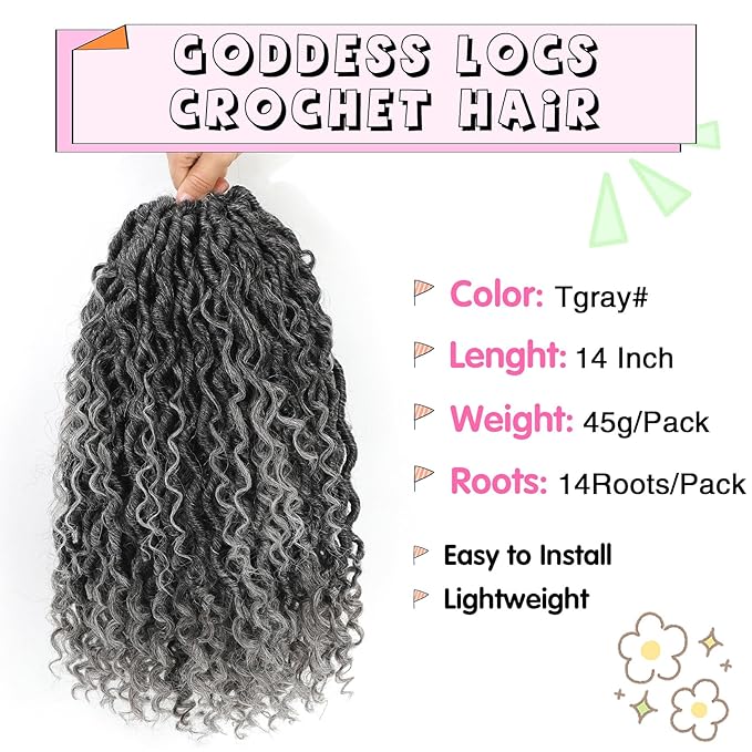 Fulcrum Goddess Locs Crochet Hair 14 Inch, 8 Packs New Faux Locs Crochet Hair for Black Women, Crochet locs with Curly Ends (14Inch (Pack of 8), Tgray#)