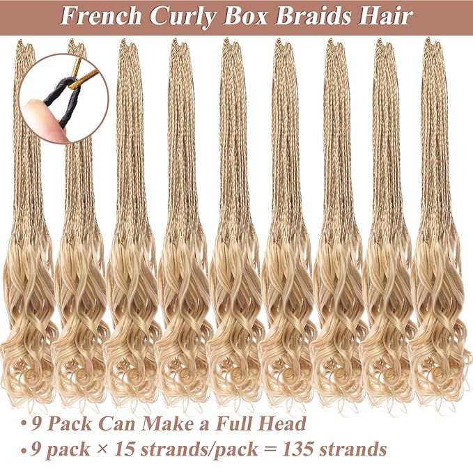 18 Inch Mix Blonde French Curl Crochet Braids 9 Packs Bohemian Goddess Box Braids Pre Looped Crochet Hair Synthetic Wave Bouncy Braiding Hair for Women