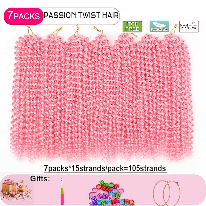 Pink Passion Twist Hair,14 Inch 7 Packs Water Wave Crochet Hair Curly Wrapping Braiding Hair For Passion Twist Crochet Hair/Butterfly Locs/Spring Twist Crochet Hair Braids (14in,7pcs,pink#)