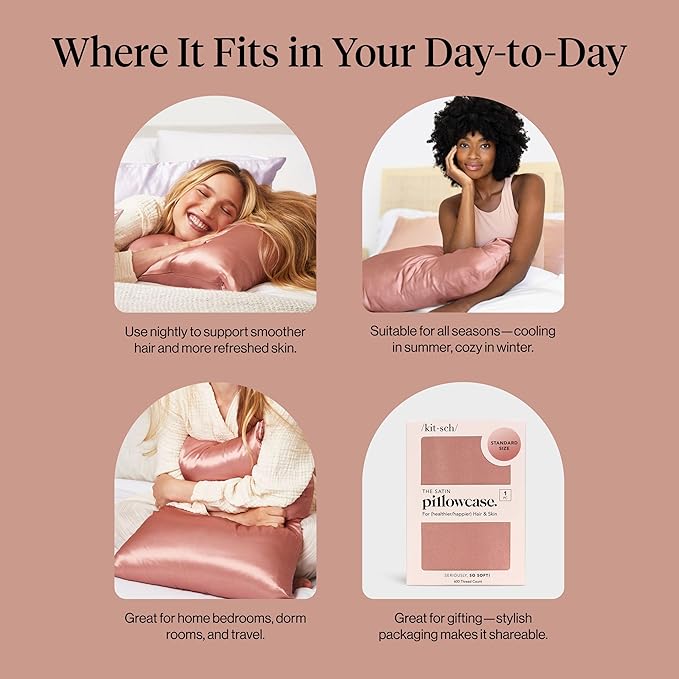 Kitsch Satin Pillowcase with Zipper for Hair & Skin, Softer Than Silk Pillow Cases Queen, Wrinkle-Free, Smooth and Cooling Satin Pillow Covers, Standard Size 19"x26" - Terracotta