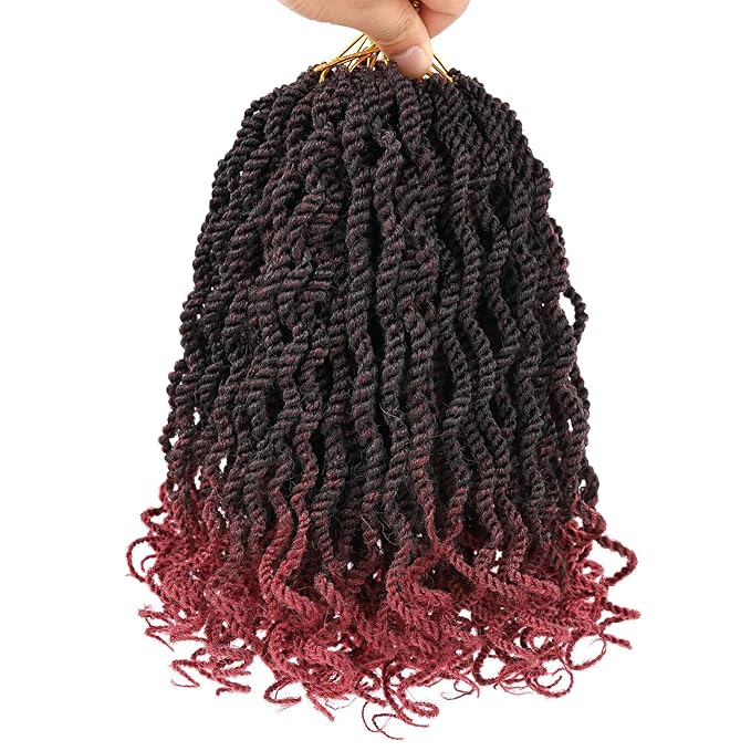 Leeven 12 Inch Burgundy Senegalese Twist with Curly Ends 8 Packs Ombre Red Hanava Twist Crochet Hair Pre Twisted Short Kinky Twsit Pre Looped Synthetic Crochet Braids for Women Kids