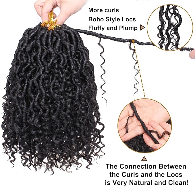 COOKOO Natural Black Goddess Crochet Hair - 10 Inch, 8 Packs Pre-looped Faux Locs with Curly Ends - Bohemian Locs Crochet Braids for Black Women