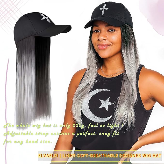 Hat with Hair 22-Inch Ombre Gray Long Straight Wig, Silver Grey Wig for Women, Straight Hair Extensions
