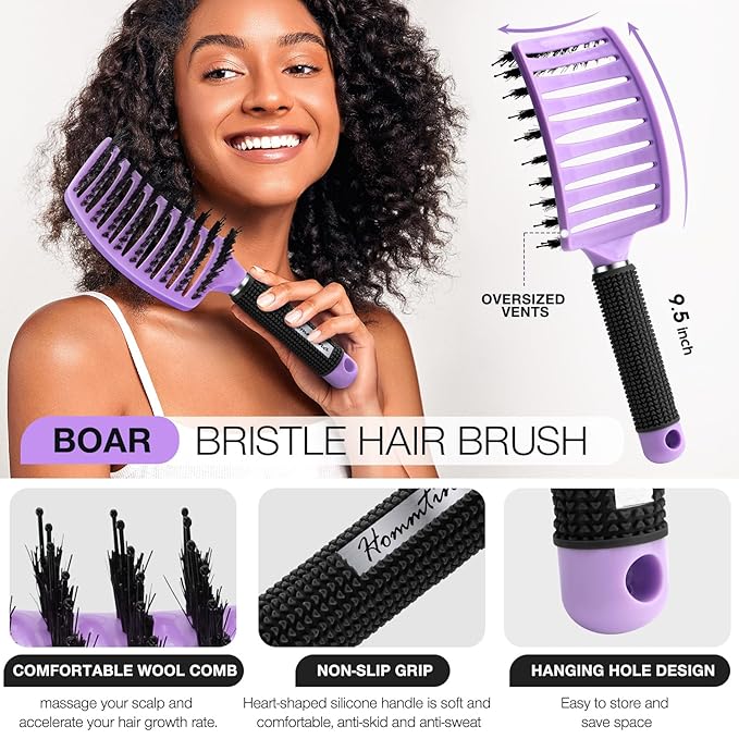 Hommtina Detangling Brush 4 Pack Curly Hair Brush Getting Shine and Makes Hair Smooth, Detangler Boar Bristle Hair Brush for Adult & Kids Wet or Dry Hair (4 PCS, Purple)