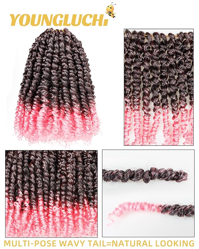 Pre-Twisted Passion Twist Crochet Hair for Black Women Passion Twist Hair Pre Looped Bohemian Braids 10 Inch 7 Packs Ombre Pink Short Bob Curly Braiding Hair Extensions(10"-7P,T1B/Pink)