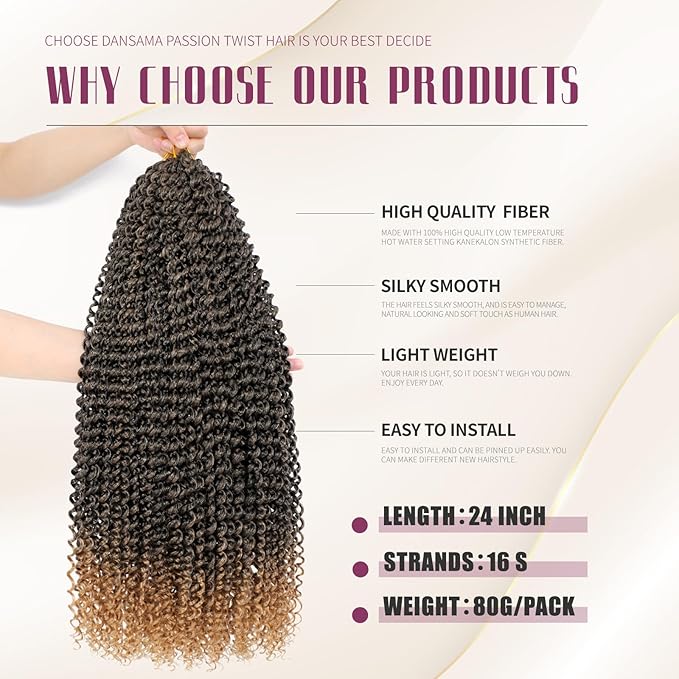 Dansama 6 Packs Passion Twist Hair Water Wave Braiding Hair for Butterfly Style Crochet Braids Bohemian Hair Extensions (24inch, T1B/27, Economy Pack)