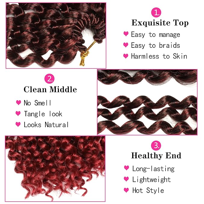 8 Inch Passion Twist Hair, Short Ombre Burgundy Water Wave Crochet Hair Passion Twist Crochet Hair For Women Passion Twists Braiding Hair Curly Braiding Hair Extensions (8 Inch (Pack of 7),1B/Bug)