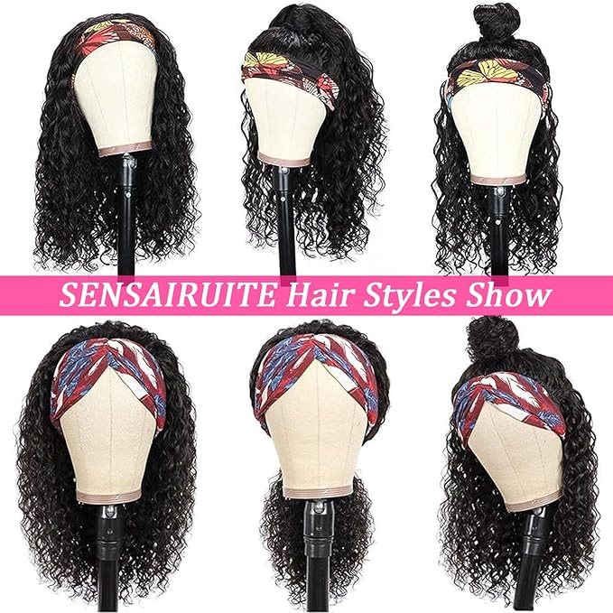 SENSAIRUITE Headband Wig Human Hair 20 Inch Deep Wave Headband Wigs for Black Women 180% Density Wear and Go Glueless Curly Wig Natural Color