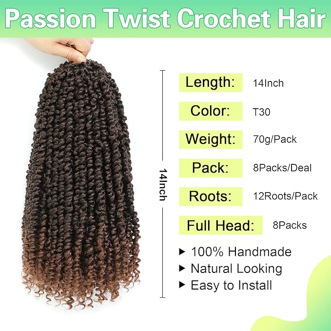 Passion Twist Crochet Hair, Passion Twist Hair 14Inch 8 Packs, Twist Crochet Hair for Black Women Passion Twists Braiding Synthetic Hair Extensions(14"(8 Packs）T30)…