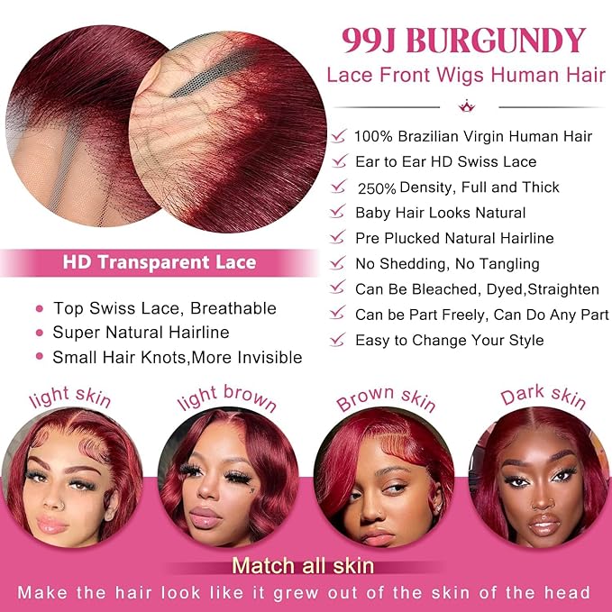 MEGOOD 250% Density Burgundy Wig Human Hair 13x4 HD Body Wave 99J Burgundy Lace Front Wigs Human Hair Pre Plucked 13x4 Glueless Burgundy Wig for Women Red Wig 18 Inch