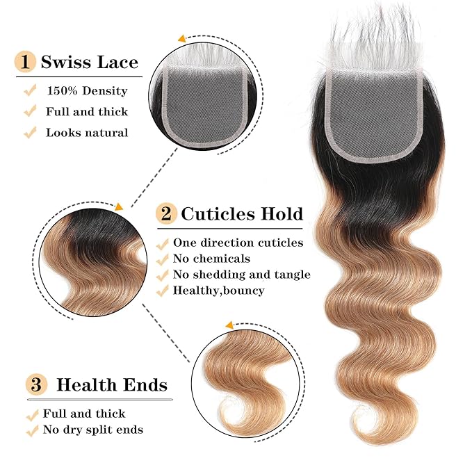 12A Ombre Body Wave Bundles Human Hair with Closure (T1B/27,16 18 20+14") 100% Unprocessed Virgin Brazilian Ombre Highlight Body Wave Human Hair Weave 3 Bundles with Closure