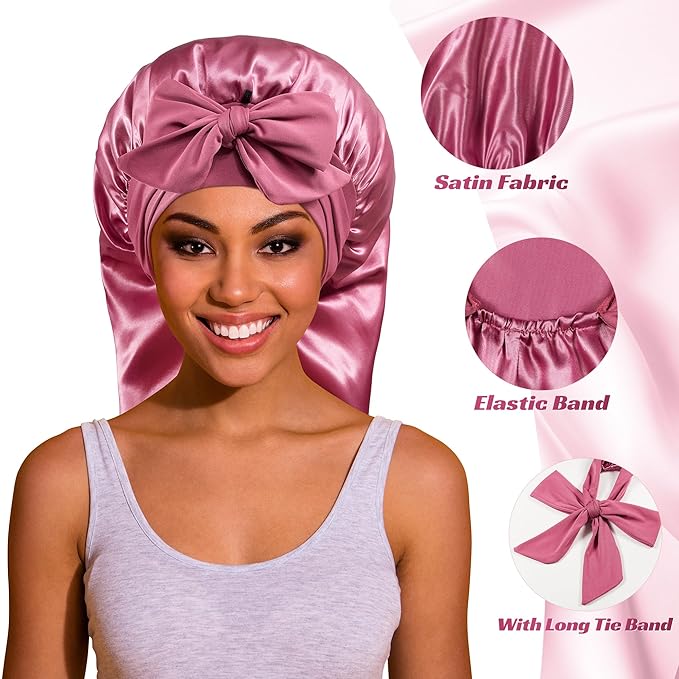 ROYBENS Long Bonnet Satin Hair Silk Bonnet for Sleeping Women, Silky Bonnets for Women with Tie Band, Sleep Cap for Braids Curly Hair