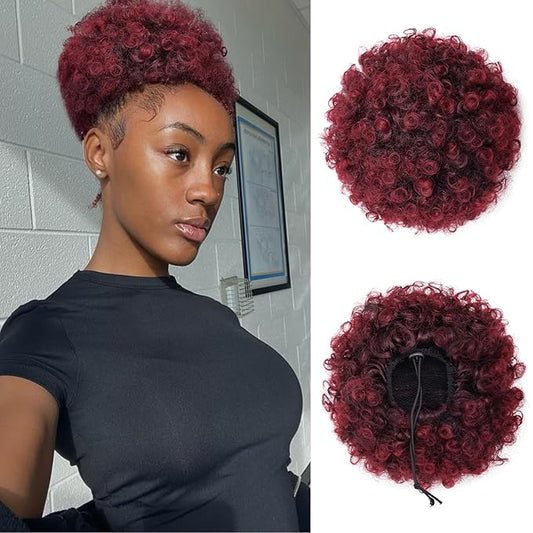 Afro Puff Drawstring Ponytail Synthetic Short Afro Kinkys Curly Afro Bun Extension Ombre Burgundy Hairpieces Updo Hair Extensions for Women Girls(1B/BUG#)
