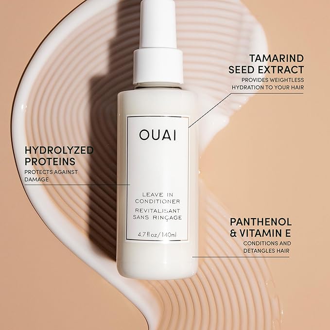 OUAI Full Size Leave In Conditioner & Deluxe Size Wave Spray Bundle - Hair Styling Products for Frizz Control, Volume, Texture & Added Shine (2 Count)