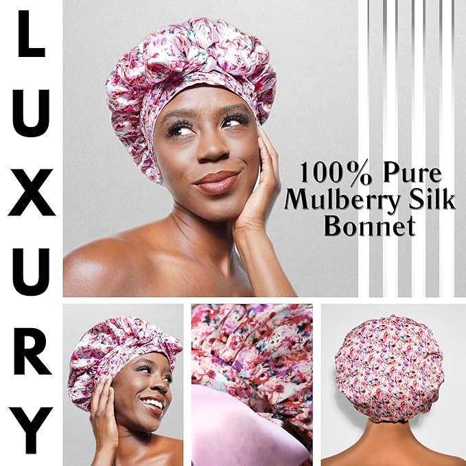 100% Mulberry Silk Bonnet for Sleeping with Ties – Adjustable 19 Momme Double-Layer Reversible Hair Wrap – Stay-On Sleep Bonnet for Women, Long Curly Hair, Natural Hair Care, Real Silk Night Cap – Handmade in USA (Floral)