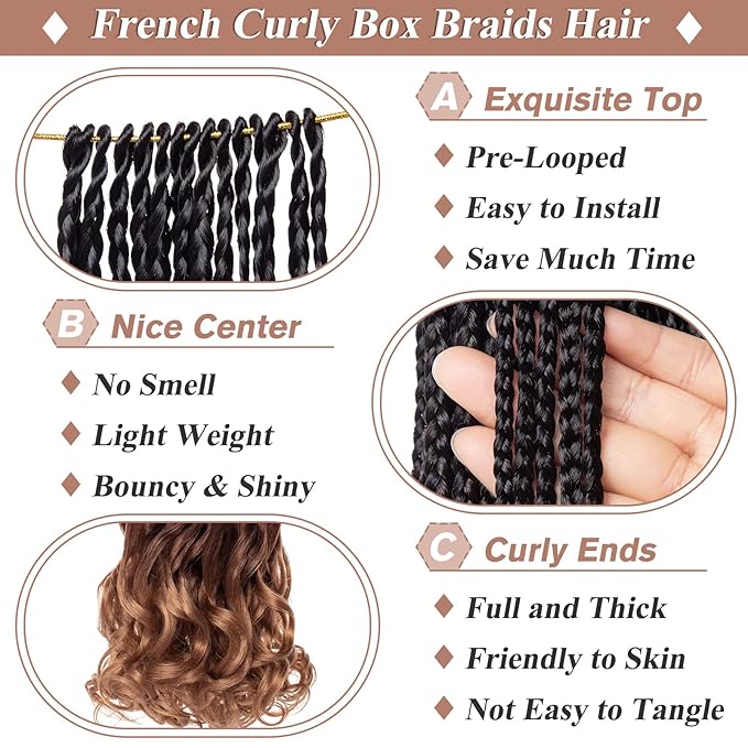 18 Inch French Curl Crochet Braids 9 Packs Ombre Brown Crochet Box Braids with Wavy Ends Pre Looped Synthetic French Curly Braiding Hair for Women