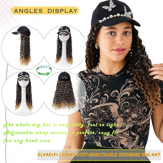 Hat with Gogo Hair Extensions, 16-Inch Synthetic Curly Brown Wig, Beach Curl Crochet Hair for Black Women