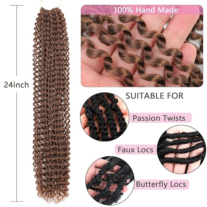 Passion Twist Hair Brown 24 Inch 8 Packs Water Wave Crochet Hair For Black Women Curly Braiding Hair Long Spring Twist Hair Synthetic Hair Extension (24 Inch (Pack of 8), 30#)