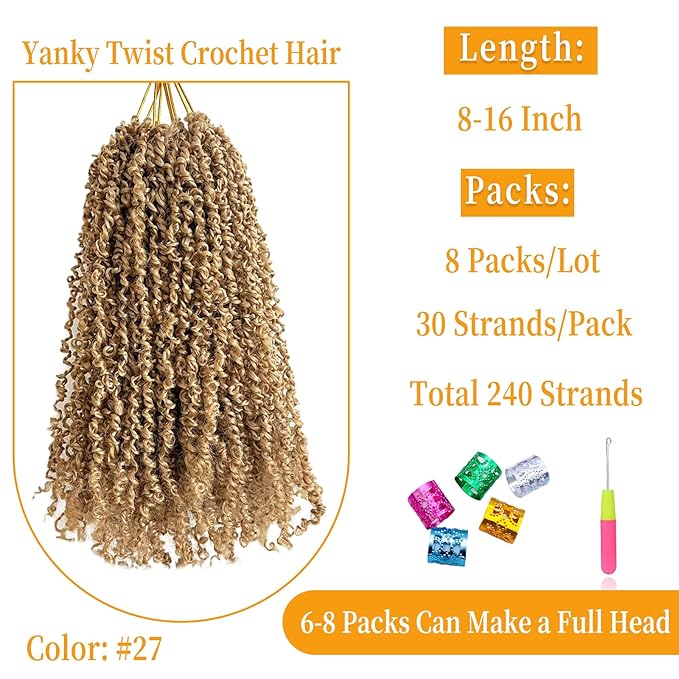 16 Inch Pre-Looped Yanky Twist Crochet Hair, 30 Strands/Pc, Mini Passion Twists, Senegalese Braiding Hair (27#, 8 Pcs/Pack)