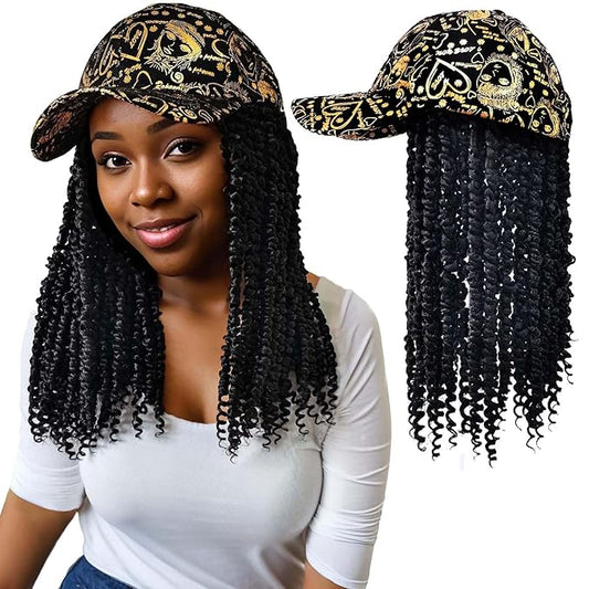 12inch Passion Twist Hair Extensions, Gold Graffiti Baseball Cap Wig, Breathable Synthetic Hair for Women
