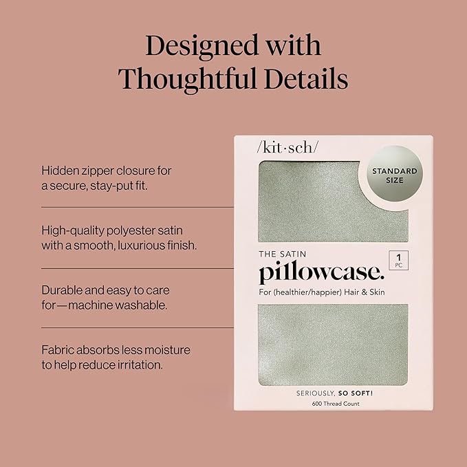 Kitsch Satin Pillowcase with Zipper for Hair & Skin, Softer Than Silk Pillow Cases Queen, Wrinkle-Free, Smooth and Cooling Satin Pillow Covers, Standard Size 19"x26" - Sage