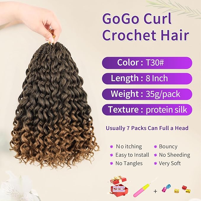 Gogo Curl Crochet Hair Protein Fiber Close to Human Hair 7 Packs Pre looped Water Wave Crochet Hair Deep Twist Synthetic Braiding Hair for Women (T30, 8Inch)