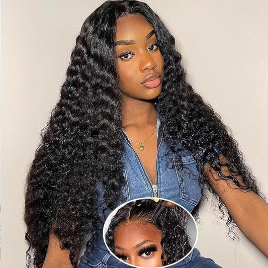 SENSAIRUITE 32 Inch Glueless Wigs Human Hair Pre Plucked Pre Cut 13x4 HD 180% Density Curly Human Hair Wig Wear and Go Glueless Wig Deep Wave Lace Front Wigs Human Hair Frontal Wigs for Women