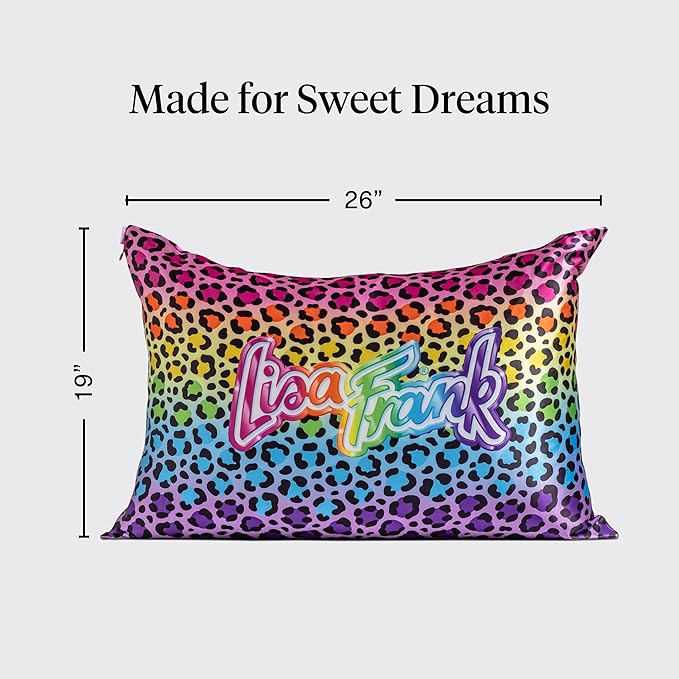 Kitsch x Lisa Frank Satin Pillowcase with Zipper for Hair & Skin, Softer Than Silk Pillow Cases Queen, Wrinkle-Free, Smooth and Cooling Satin Pillow Covers Standard/Queen Size 19x26 - Rainbow Leopard