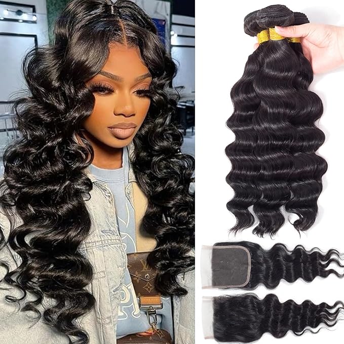 Loose Wave Bundles Human Hair with Closure (22 24 26+20) 12A Brazilian Virgin Human Hair Loose Deep Wave 3 Bundles with 4x4 HD Lace Closure Unprocessed Human Hair Extension Natural Color