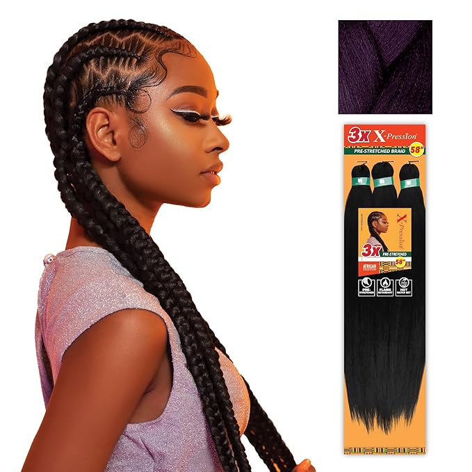 Sensationnel X-pression prestretched braiding hair - 3x braid 58 inch all kanekalon flame retardant synthetic braid for box braids and twists (1 pack, DKPURPLE)
