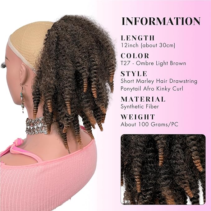 Short Marley Hair Drawstring Ponytail - Ombre Light Brown 4C Afro Puff Bun Ponytail Synthetic Braiding Hair Afro Kinky Curl Pony Tail Hairpiece for Black Women - T27# Ombre Brown, 12"