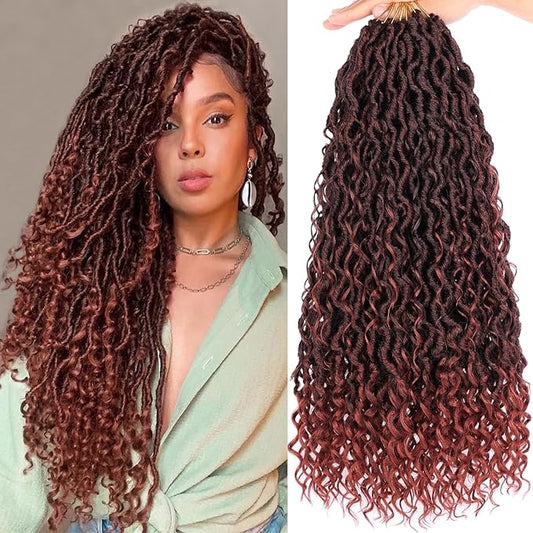 COOKOO 8 Packs (14 Strands/PCS) Goddess Locs Crochet Hair 18 Inch Bohemian Faux Locs Crochet Hair with Curly Ends Pre Looped Locs Hair Goddess Locs Synthetic River Locs Hair T350
