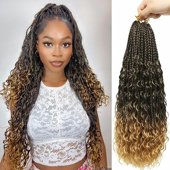 Eacia Goddess Box Braids Crochet Hair 18 Inch 7 Packs Bohemian Goddess Curly Crochet Hair Extensions for Women Pre Looped Box Braids with Curly Ends(18 Inch, T1B/27#)