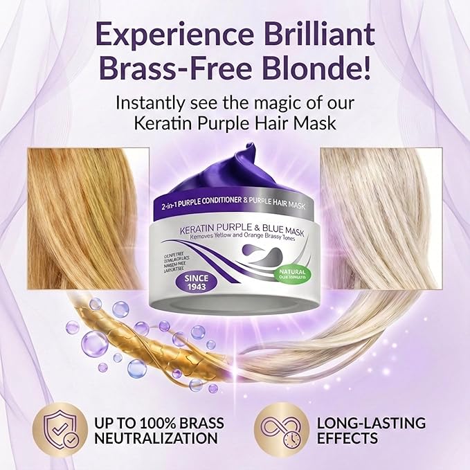 VITAMINS hair cosmetics Keratin Purple Hair Mask - Blue Hair Mask Deep Conditioner Treatment - Blonde Toner to Neutralize Brassiness in Brassy Blonde, Silver, White, Gray & Brown Locks