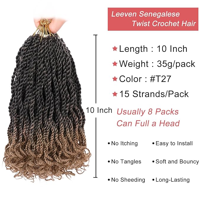 Leeven Ombre Honey Blonde 10 Inch Senegalese Twist Crochet Hair with Wavy Curly Ends 8 Packs Short Pre Looped Hanava Twist Synthetic Crochet Braids for Women Girl Kids