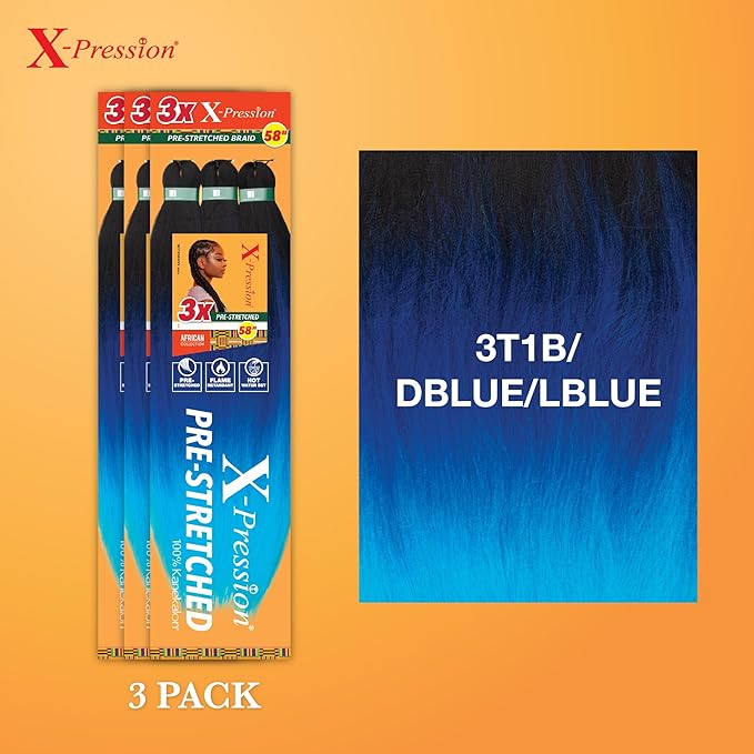 Sensationnel X-pression prestretched braiding hair - 3x braid 58 inch all kanekalon flame retardant synthetic braid for box braids and twists (3 pack, 3T1B/DBLUE/LBLUE)