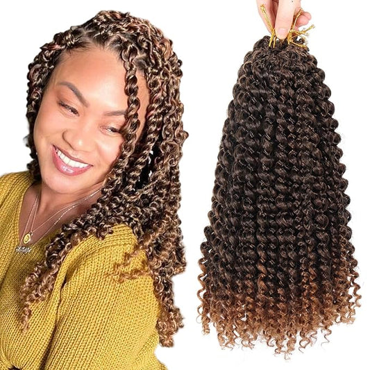 Dorsanee Ombre Brown Passion Twist Hair 12 Inch 7 Packs Water Wave Crochet Hair Long Bohemian Curly Braiding Hair for Butterfly Locs, Faux Locs, Boho Style Spring Twist Crochet Braids (T30#)