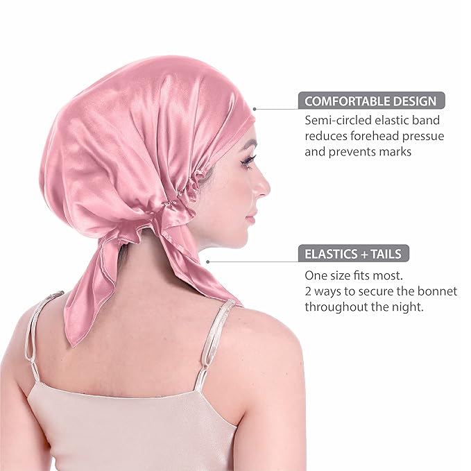 SissiLita 100% Mulberry Silk Bonnet for Sleeping, Large Silk Sleep Cap for Curly Hair, Rose Pink