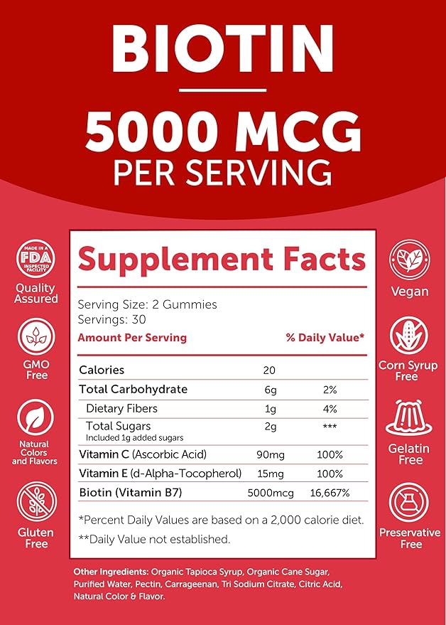 Lunakai USA Made Biotin Gummies 5000mcg with Vitamin C & E - Delicious Hair Skin Nails Vitamins for Women, Non-GMO, Hair Growth Supplement - 6 Pack