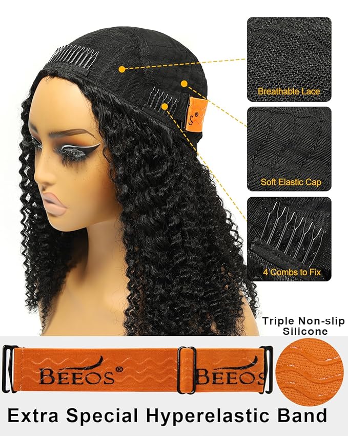 BEEOS Human Hair Half Wig Kinky Curly, 3 In 1 Glueless Drawstring Half Wigs for Women 180% Density, Tight Curl Seamless Blend with 3C/4A Hair 16 Inch