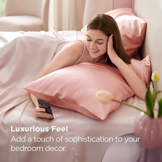 Bedsure Satin Pillowcases, Similar to Silk Pillow Cases Queen Size Set of 2, Pillow Case for Sleeping Women with Envelope Closure, Gifts for Women Men, Peach Pink, 20x30 Inches, 2pcs