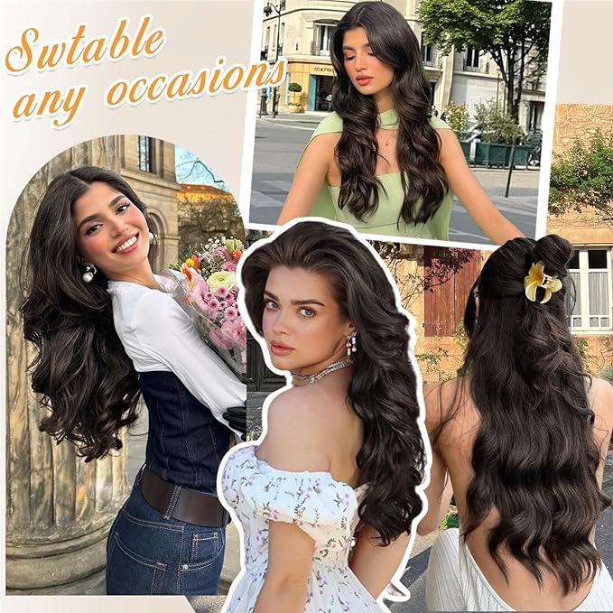 ALXNAN Clip in Long Wavy Synthetic Hair Extension 20 Inch Dark Brown 4PCS Thick Hairpieces Fiber Double Weft Hair for Women