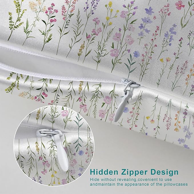 Satin Pillowcase Wildflowers and Plants Similar to Silk Pillow Cases for Hair and Skin, 1 Pack Soft Smooth Breathable Cool Pillow Cases, Queen Size with Hidden Zipper 20" x 30"